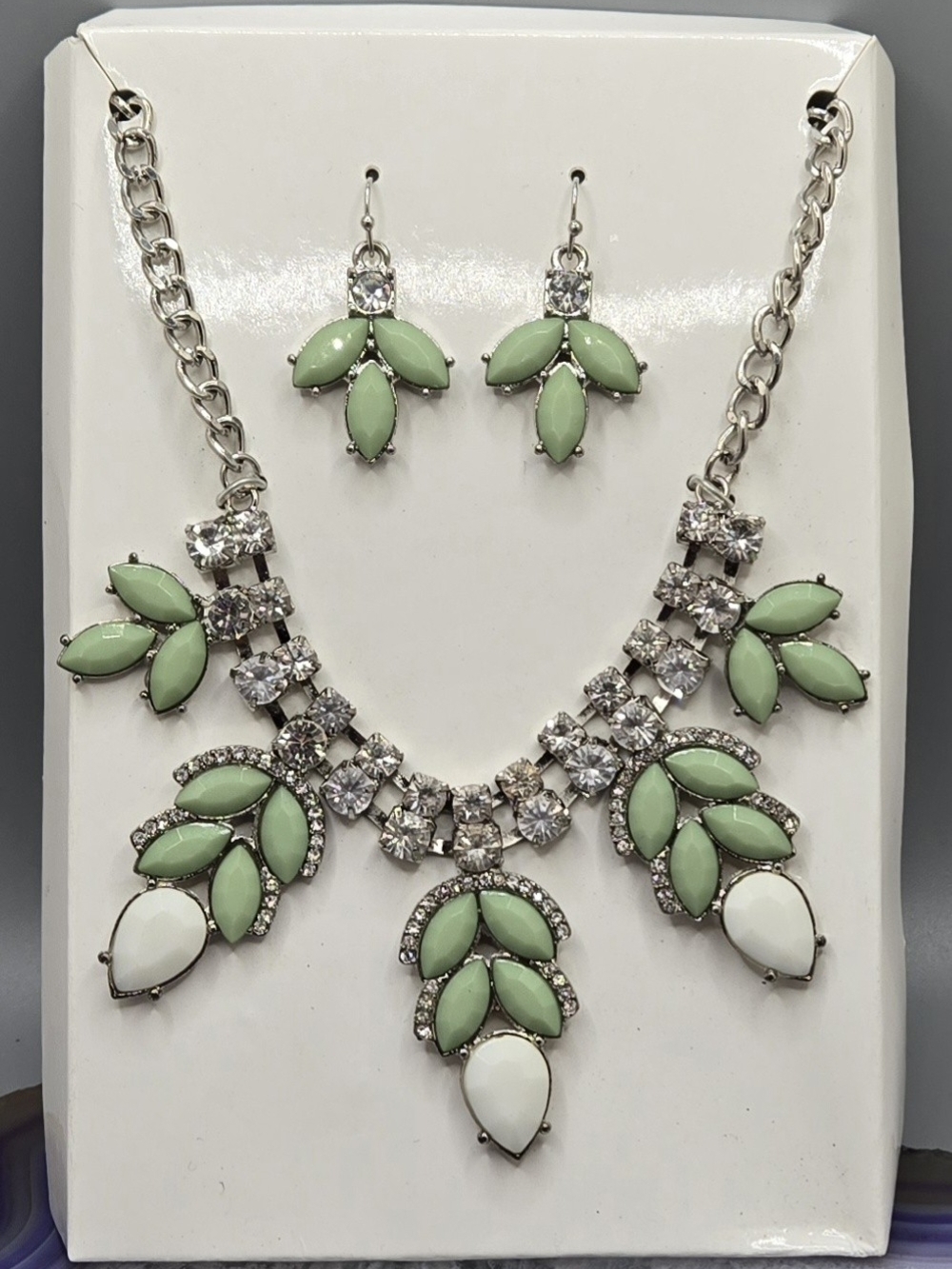 Statement Necklace & Earring Set Mint Green & White w/ Clear Glass Crystals